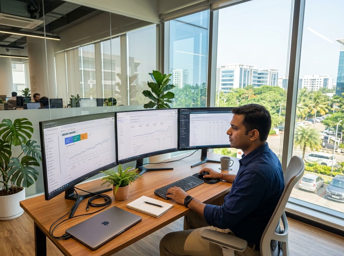 Dubai SEO expert analyzing real-time organic growth dashboards, keyword metrics, and Google Search Console performance