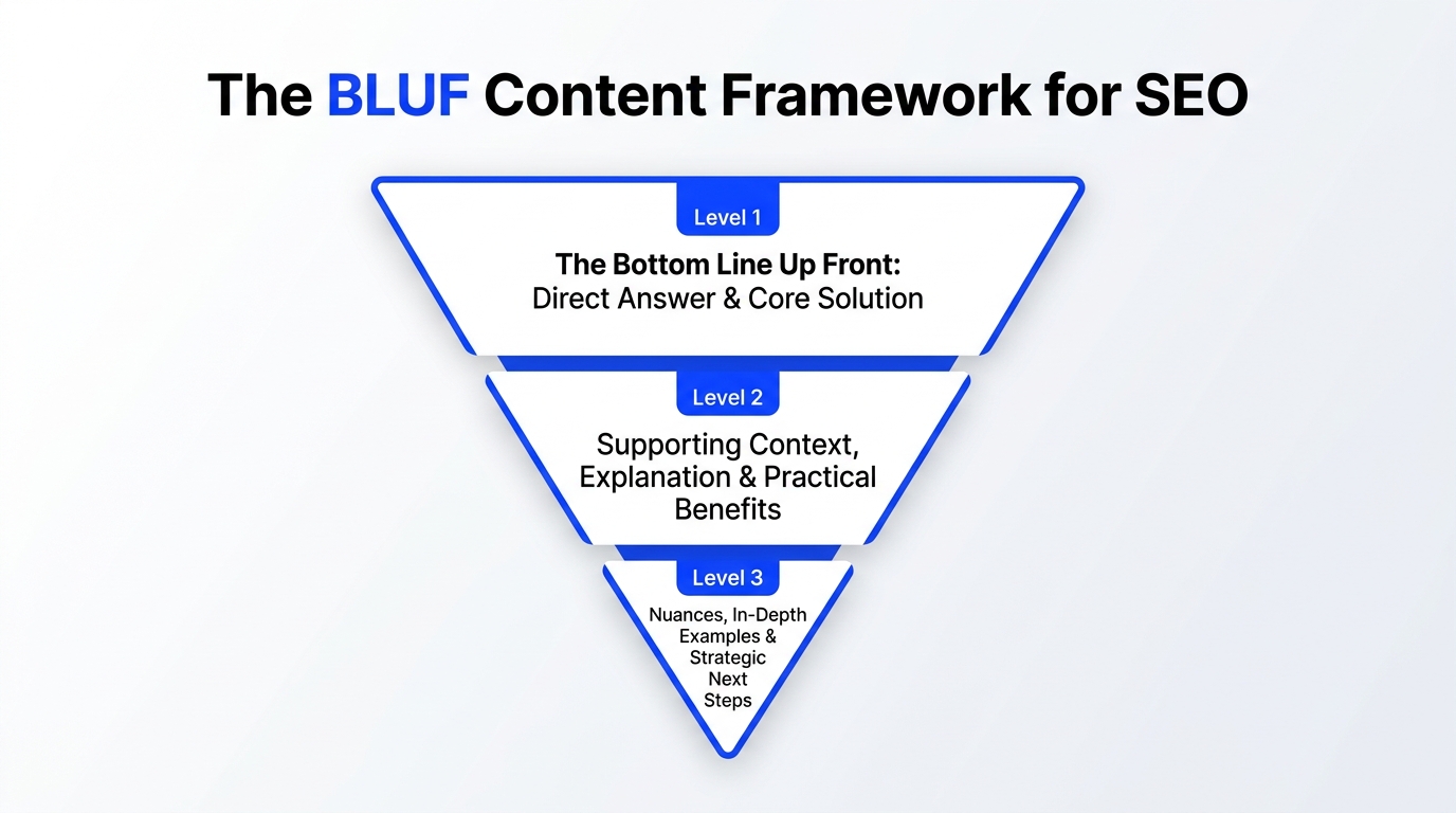The BLUF content inverted pyramid framework for SEO: Level 1 Direct Answer, Level 2 Supporting Context, Level 3 In-Depth Nuances and Next Steps