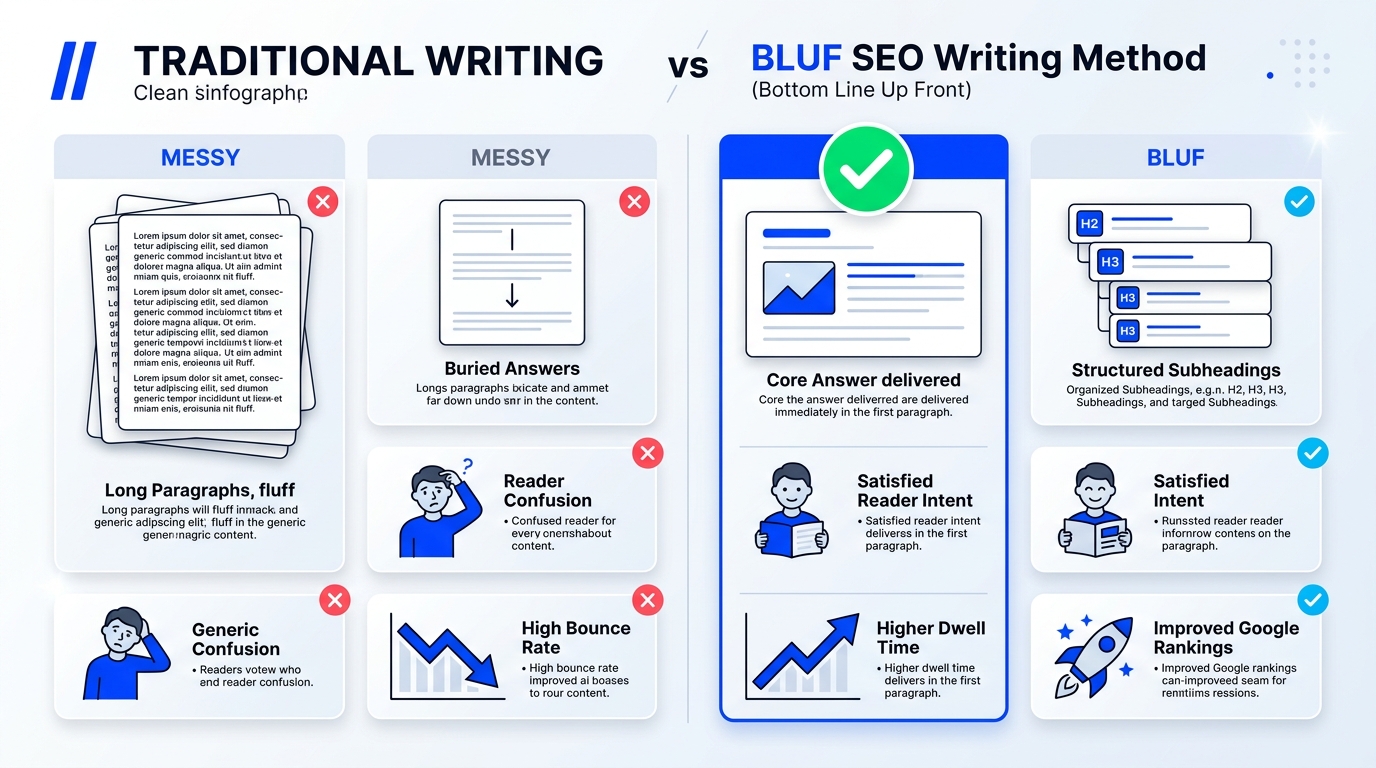 Comparison between traditional content writing and the BLUF SEO writing method showing higher dwell time, lower bounce rates, and improved rankings