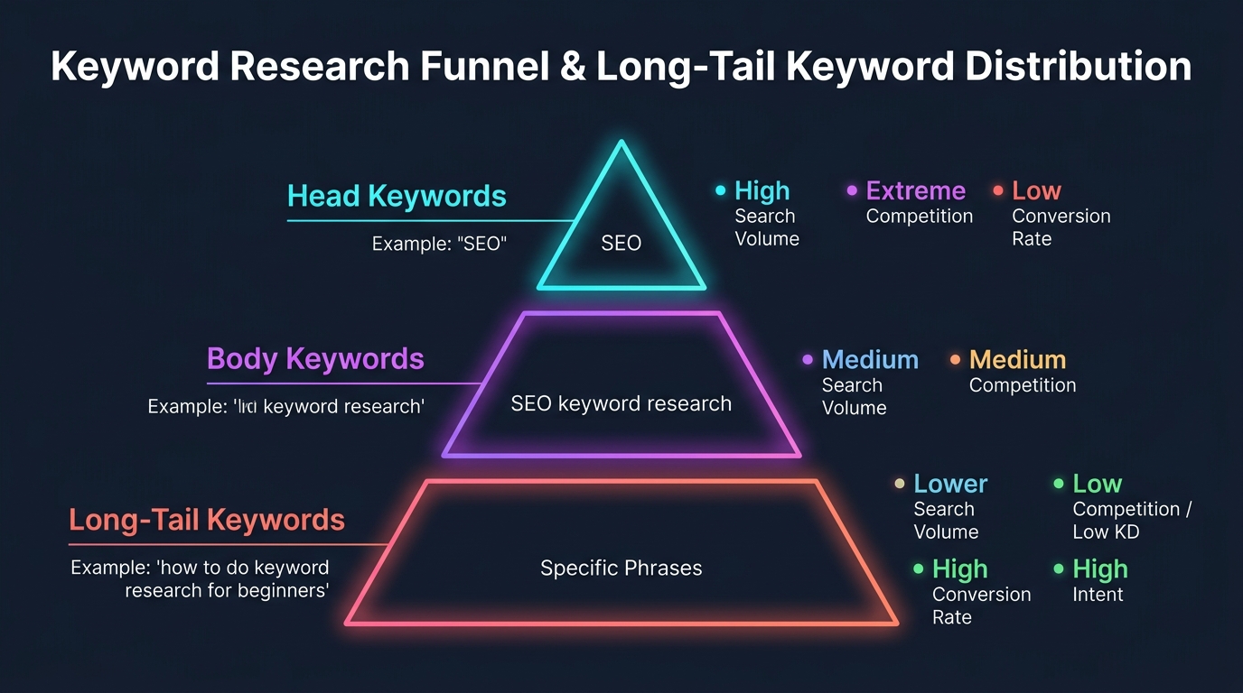 Keyword Research Funnel and Long-Tail Keyword Distribution showing Head Keywords vs Body Keywords vs Long-Tail Keywords