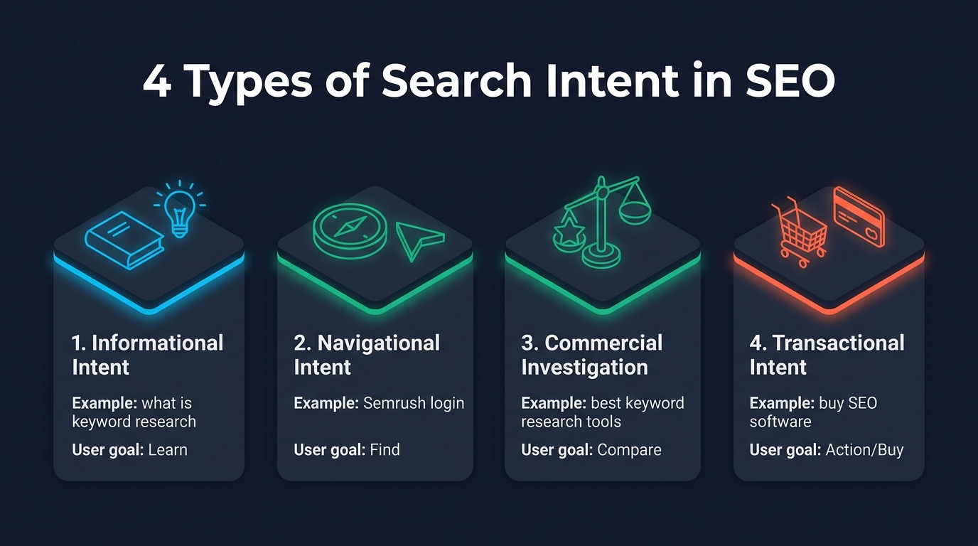 4 Types of Search Intent in SEO: Informational, Navigational, Commercial Investigation, and Transactional