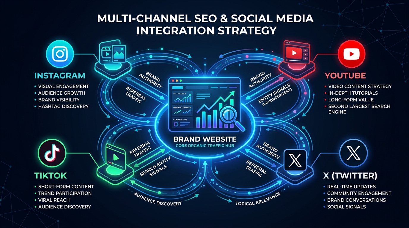 Integrated digital ecosystem showing how Instagram, TikTok, YouTube, and X channel referral traffic and brand authority to an SEO-optimized website